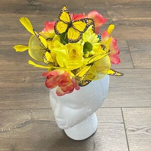 New Yellow Floral Feather Fascinator Hat Derby Horse Racing Church Tea Wedding